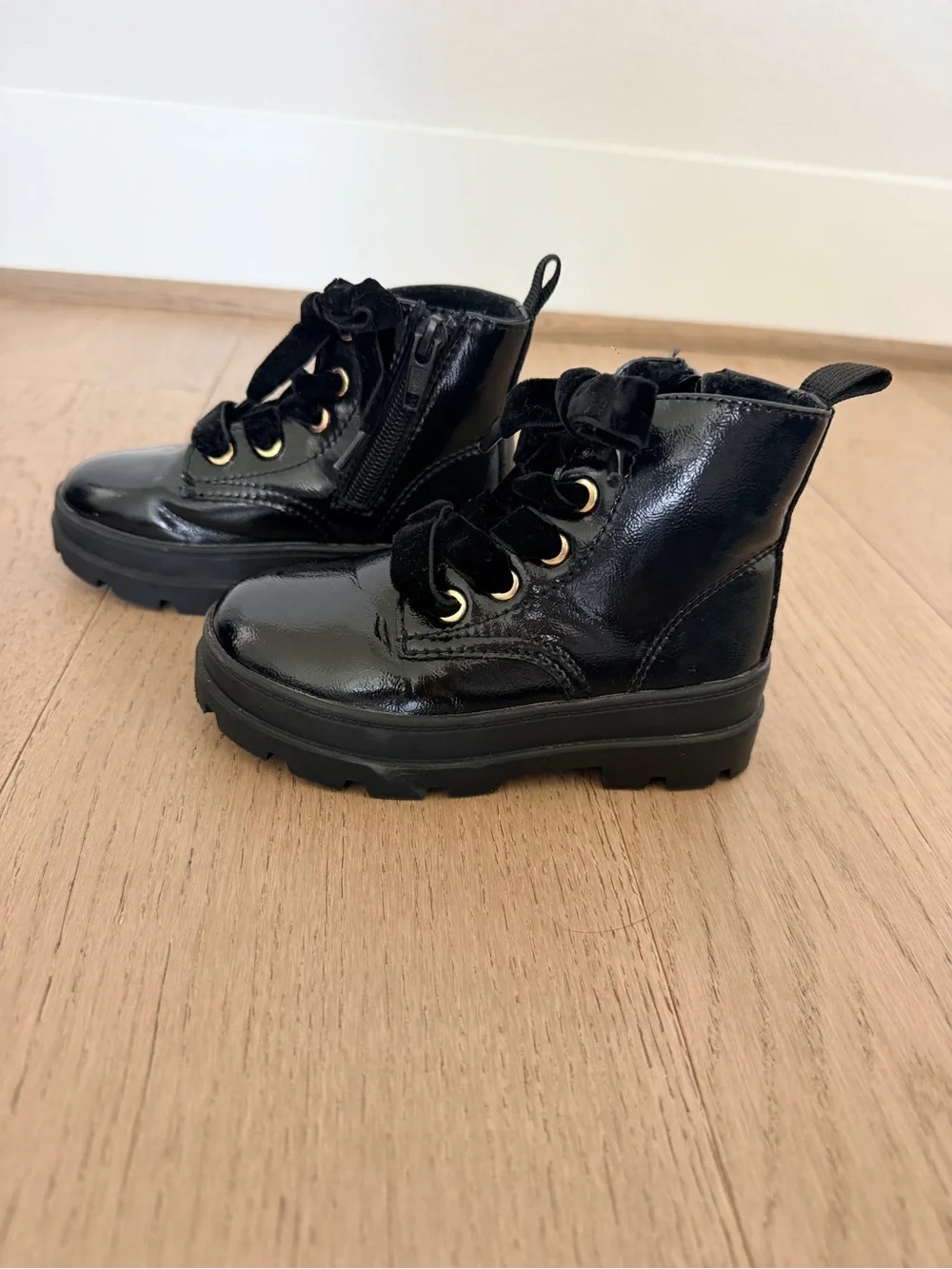 H&M Black Patent Ankle Boots with Velvet Ribbon Laces